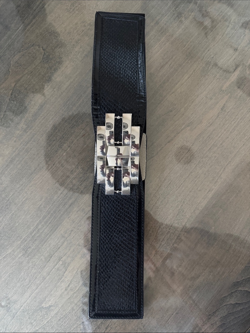 White House Black Market Black Leather Belt with Silver Design